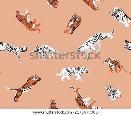 Hand drawn vector abstract stock modern graphic illustrations,bohemian contemporary seamless pattern print with wild cute orange tigers animals moon and stars,striped texture.Modern exotic concept