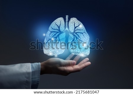 Medical banner with lungs illustration on blue background with large copy space for text or checklist. Royalty-Free Stock Photo #2175681047