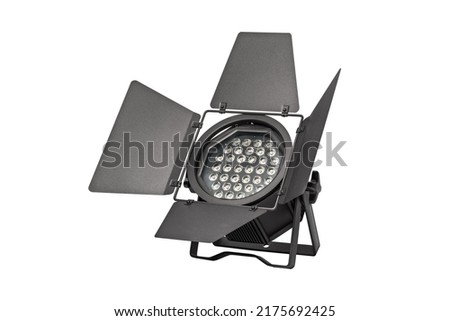 STAGE SPOTLIGHT FOOTLIGHT. LED Theatre Footlight Spotlight Lamp Light and Barn Doors. LED Theatre Stage Lighting. Theatre Lights. Video Film Studio Production Staging. Concerts. Clipping Path in JPEG Royalty-Free Stock Photo #2175692425