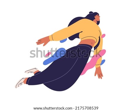 Happy free woman flying, floating in air. Inspired girl feeling inspiration, freedom in flight. Creative energy, imagination concept. Flat graphic vector illustration isolated on white background