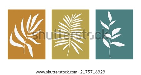 Vector set of modern abstract floral posters. Hand drawn  leaves and branches. Wallpaper, print, wall art, background, home decor, card, invitation, banner, cover or package design.