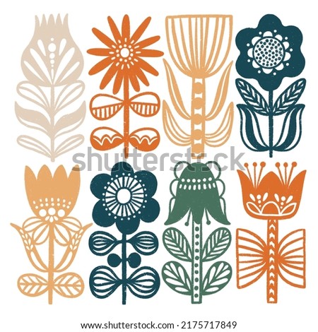 Collection of 8 Scandinavian folk flowers, decorative traditional botanical ornament, clip art illustration, isolated on white background