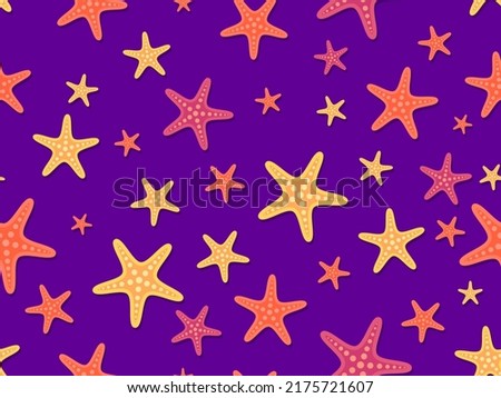 Seamless pattern with colorful starfish on a violet background. For promotional products, wrapping paper and printing. Vector illustration
