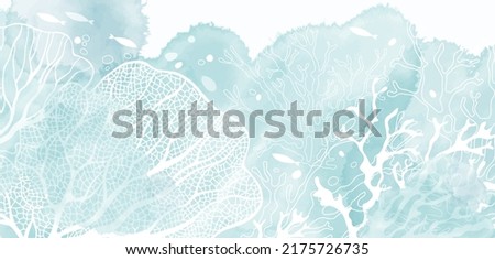 Art sea background vector. Luxury design with underwater plants and  watercolor splash. Template design for text, packaging and prints.