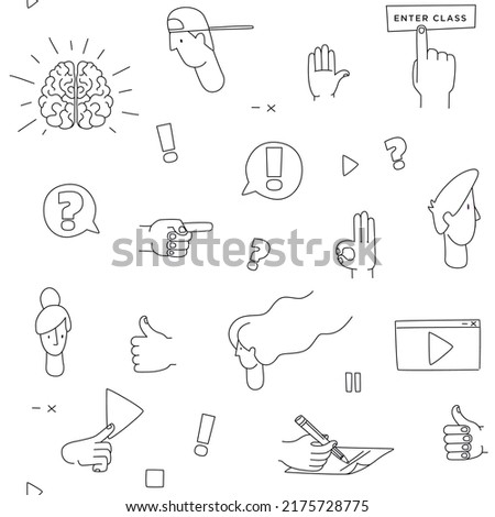 Virtual class. Online School Education Program. Video lesson. Education for children, teens, teenagers, adult students. Vector illustration doodles, line art style background seamless pattern