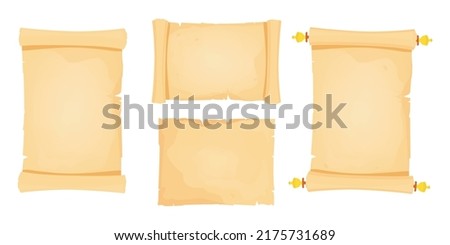 Papyrus scroll set. Parchment paper with old texture isolated on white background. Vintage roll with wooden handles for map, oll, old, bible, medieval letter. Ancient papyrus scroll Royalty-Free Stock Photo #2175731689