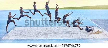 A sequence of a fit male athlete jumping in a sandpit competing in the long jump. Professional athlete or track racer during long or triple jump attempt is a competitive sports event or training Royalty-Free Stock Photo #2175746759