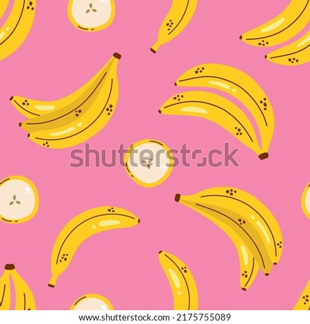 Cute pattern with bananas on pink background. Yellow bananas. Banana seamless pattern. Tropical fruit.  Royalty-Free Stock Photo #2175755089