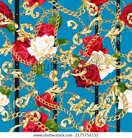 White and red roses with gold chains and belts on blue background for fabric. Trendy repeating print. Romantic seamless pattern