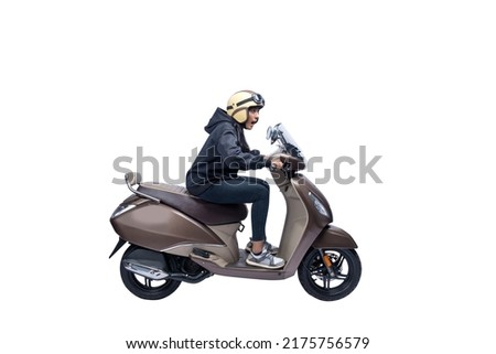 Asian woman with a helmet and jacket sitting on a scooter isolated over white background Royalty-Free Stock Photo #2175756579