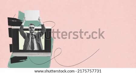 Contemporary art collage. Stylish man sticking out TV screen and making announcement. Voting process. Concept of creativity, media influence, information, news. Copy space for ad. Retro design