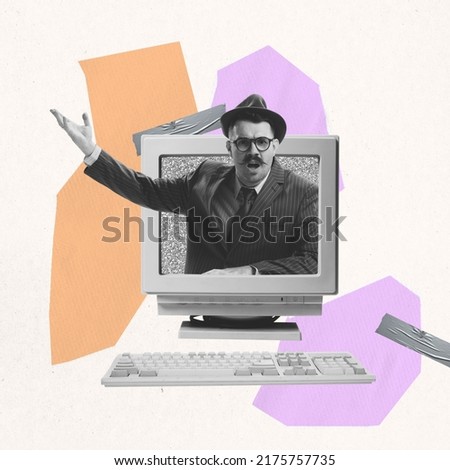 Contemporary art collage. Stylish man sticking out computer monitor and making announcement. Concept of creativity, media influence, information, news. Copy space for ad. Retro design