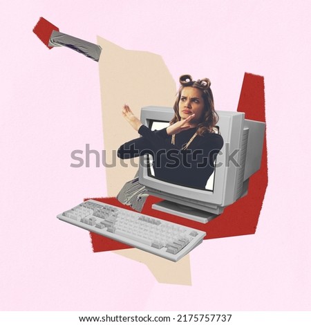 Contemporary art collage. Stylish woman sticking out computer monitor with forbid gesture. Stop fakes. Concept of creativity, media influence, information, news. Copy space for ad. Retro design