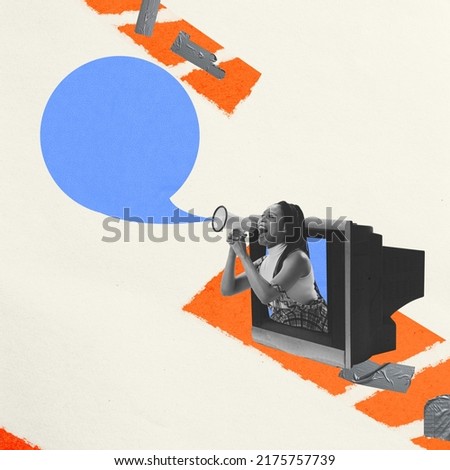 Contemporary art collage. Young expressive girl sticking out TV screen and shouting news in megaphone. Concept of creativity, media influence, information. Copy space for ad. Retro design
