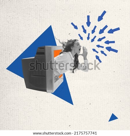 Contemporary art collage. Young expressive girl sticking out computer and talking important information. Concept of creativity, media influence, announcement, news. Copy space for ad. Retro design Royalty-Free Stock Photo #2175757741