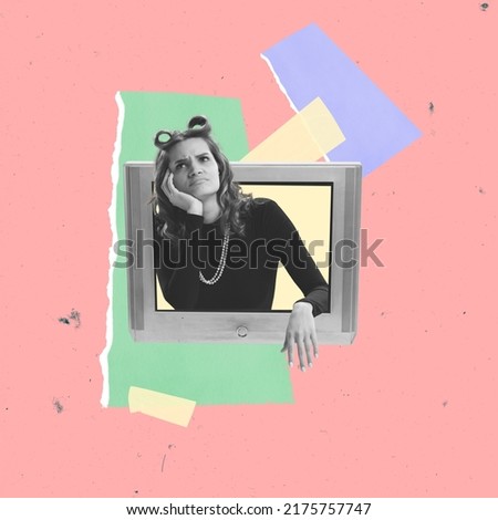 Contemporary art collage. Thoughtful young woman sticking out TV screen, giving information. Brainstorming. Concept of creativity, media influence, information, news. Copy space for ad. Retro design