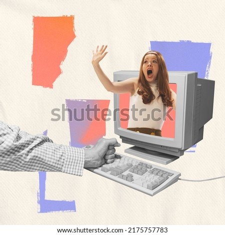 Contemporary art collage. Stylish young girl sticking out computer monitor with shocked expression. Revealing information. Concept of creativity, media influence, news. Copy space for ad. Retro design