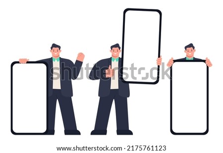 Happy business man points to the screen of a huge smartphone. Advertising of a mobile app or services, promotion of an application or website. Vector illustration 