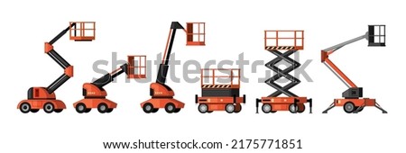 Lifting vehicles. industrial mashine with lifting platforms for builders telescopic and hydraulic cars. Vector cartoon illustrations Royalty-Free Stock Photo #2175771851