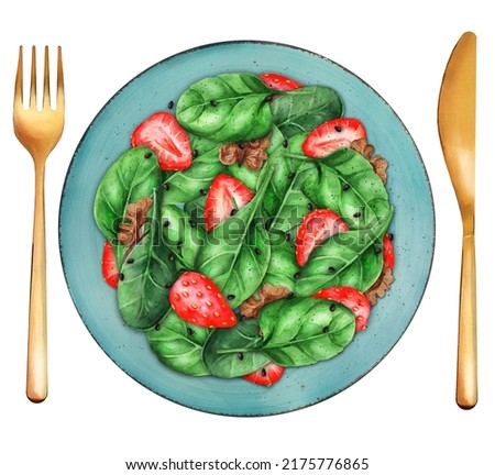Salad with strawberry, spinach and walnuts on plate. Healthy food concepts. Top view. Watercolor illustration. Suitable for menu and cookbook. 