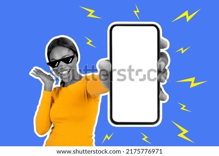 Emotional young black lady in yellow shirt and eyeglasses showing brand new smartphone with white empty screen and gesturing, recommending nice online deal, colorful background, mockup, collage