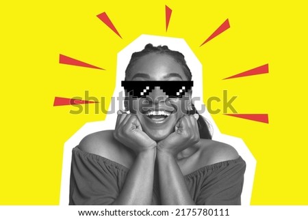Human emotions concept. Excited monochrome young black lady in eyeglasses posing over colorful background, touching her chin and smiling, showing interest, collage Royalty-Free Stock Photo #2175780111