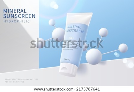3d summer fresh sunscreen ad banner. Blue plastic tube flying with white molecules in front of white walls. Royalty-Free Stock Photo #2175787641