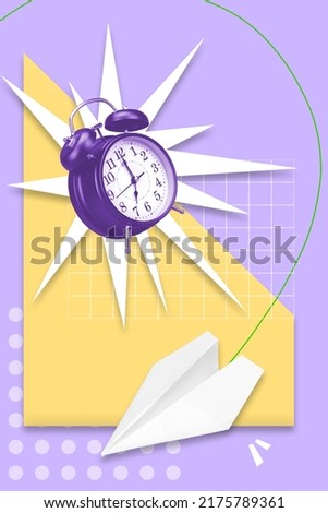 Collage 3d image of pinup pop retro sketch of ringing clock flying paper plane isolated painting background