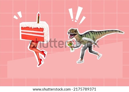 Creative banner collage of addicted guy with raptor body run after beautiful lady birthday cake stop harassment concept