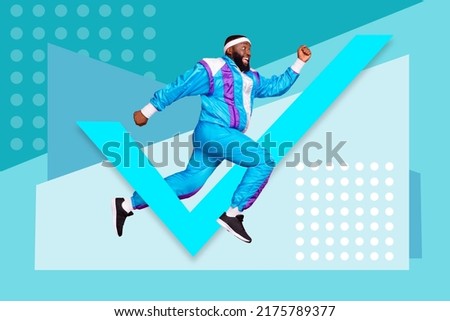 Creative composite collage image of excited crazy guy running hurry fast painted done finish symbol wear vintage retro sport suit