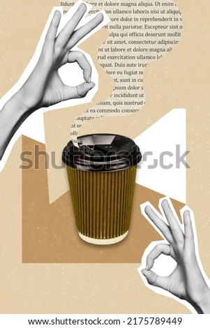 Photo cartoon comics sketch picture of arms palms showing okey signs enjoying coffee aroma isolated beige color background