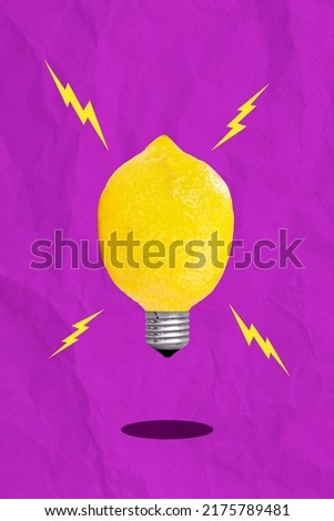 Creative retro 3d magazine collage of yellow lemon instead of lamp isolated pink violet purple color background