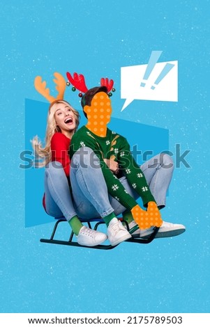 Vertical collage image of excited carefree girl painted guy sit ride sledge say tell exclamation mark isolated on blue background