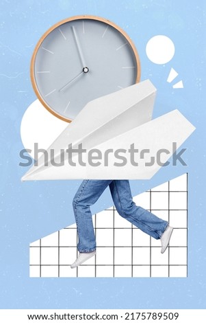 Trend collage artwork of unusual character person with origami plane body rush fast sale big clock isolated