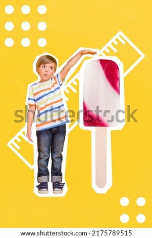 Portrait of funny little boy arm demonstrate large height ice cream isolated on drawing yellow background