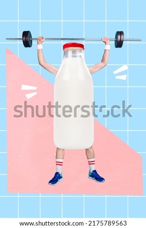 Vertical creative collage picture of sport person milk bottle instead body lift barbell isolated on painted checkered background
