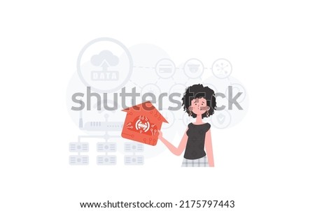 The woman is depicted waist-deep, holding an icon of a house in her hands. IOT and automation concept. Good for presentations and websites. Vector illustration in trendy flat style.