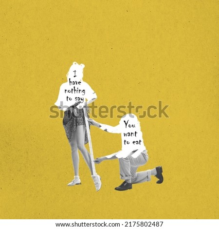 Silhouette of man and girl in vintage retro style outfits measuring isolated on yellow background. Concept of relations, female comlex, 60s american fashion style. Contemporary art collage