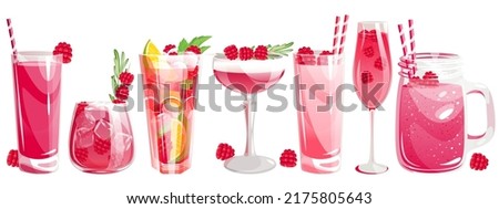 A set of cocktails with raspberries.Summer refreshing drinks: raspberry juice, cocktail, smoothies with raspberries in a jar, mojito with raspberries and lime, Clover club, pink champagne, milkshake. Royalty-Free Stock Photo #2175805643
