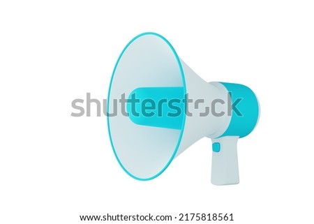cartoon white and blue megaphone speaker or horn speaker Modern megaphone speaker with bubbles for announcing, communicating, broadcasting, isolated on white background 3D rendering - clipping path
