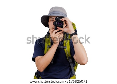 Asian male backpacker holding a camera . Asian young male backpacker take a picture, portrait isolated on white background