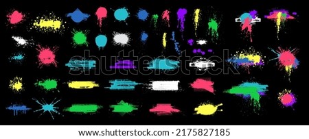 Color paint splatter. Color inked splatter stain splattered spray splash. Spray paint elements isolated on black Background. Drips multicolored ink splatters, Ink blots set. Isolated illustration