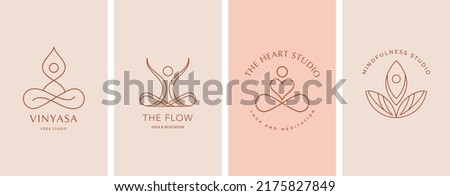 Collection of Yoga, Zen and Meditation logos, linear icons and elements. Bohemian style minimalist illustrations in pastel colors. Vector design Royalty-Free Stock Photo #2175827849