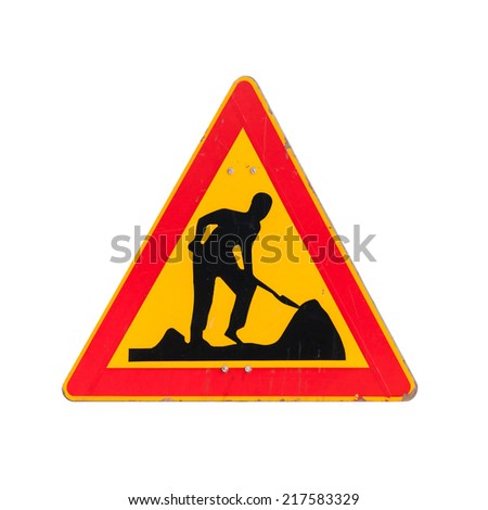 Roadworks, under construction, men at works. Road sign isolated on white