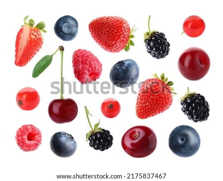 Set with different ripe berries on white background Royalty-Free Stock Photo #2175837467