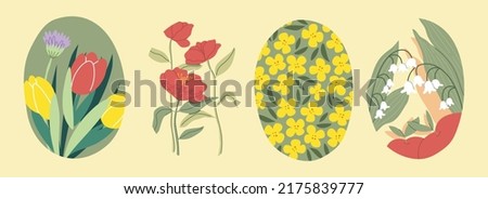 Collection hand drawn flowers. Summer illustration. Camellia, canola, tulip, lily of the valley. Design for your brand. Vector clip-art on isolated white background.