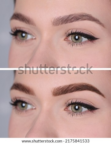 Collage with photos of woman before and after eyebrows dyeing with henna, closeup