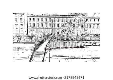 Building view with landmark of Narbonne is the 
commune in France. Hand drawn sketch illustration in vector.