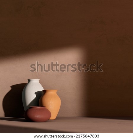 Architecture background with clay pots on concrete wall interior. Summer tropical natural aesthetic design. Cement pastel facade with shadow light. Rustic building space scene. Minimal mockup backdrop Royalty-Free Stock Photo #2175847803