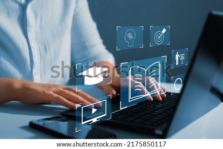 E-learning education, internet lessons and online webinar. Education internet Technology. Person who attends online lessons on a digital screen. Royalty-Free Stock Photo #2175850117